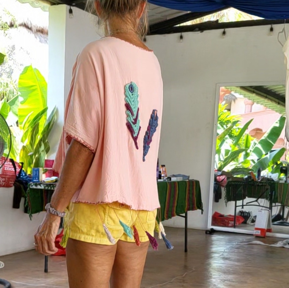 Pink Boho short kimono wrap jacket top Embroidered Feathers